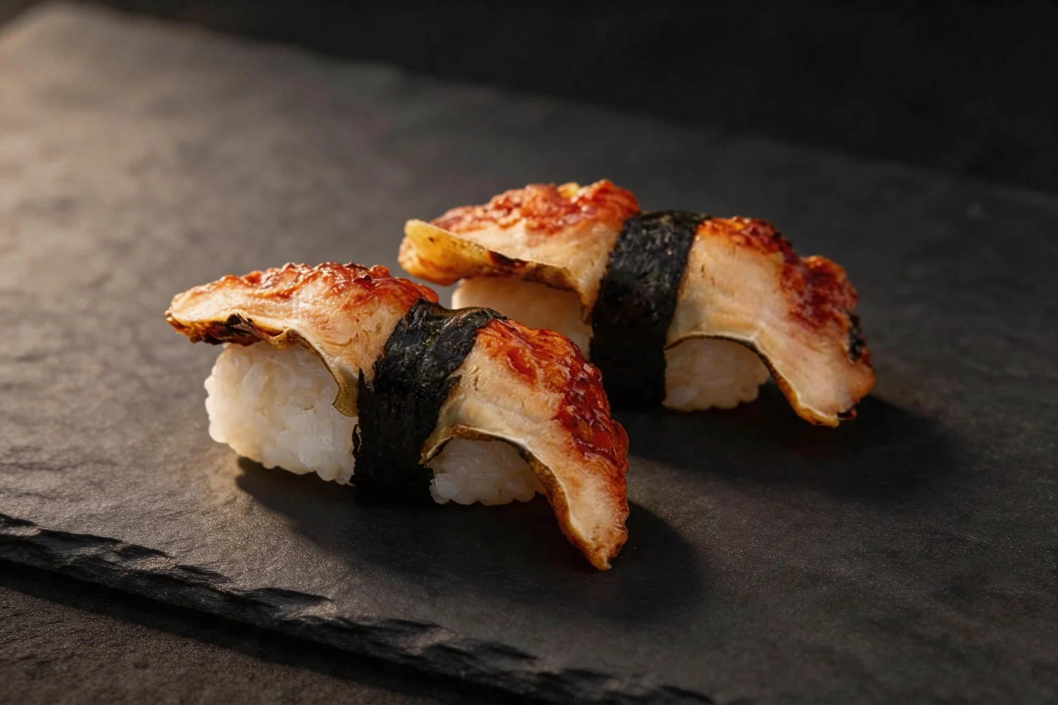Two pieces of eel nigiri, on a dark stone background