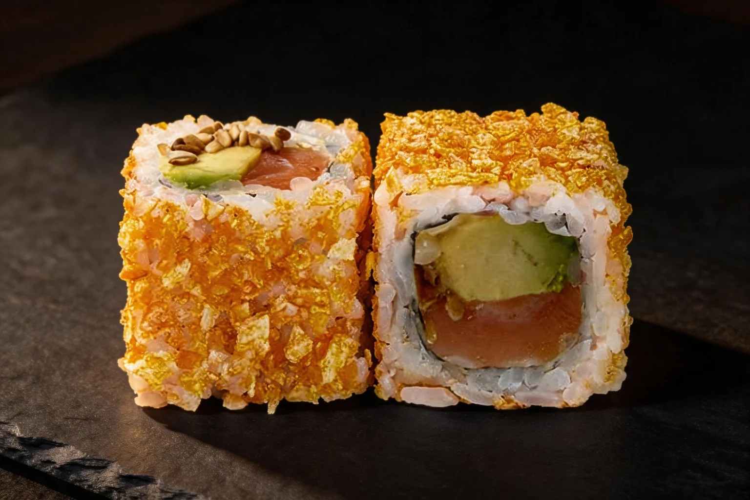 Two pieces of salmon avocado roll, on a dark stone background