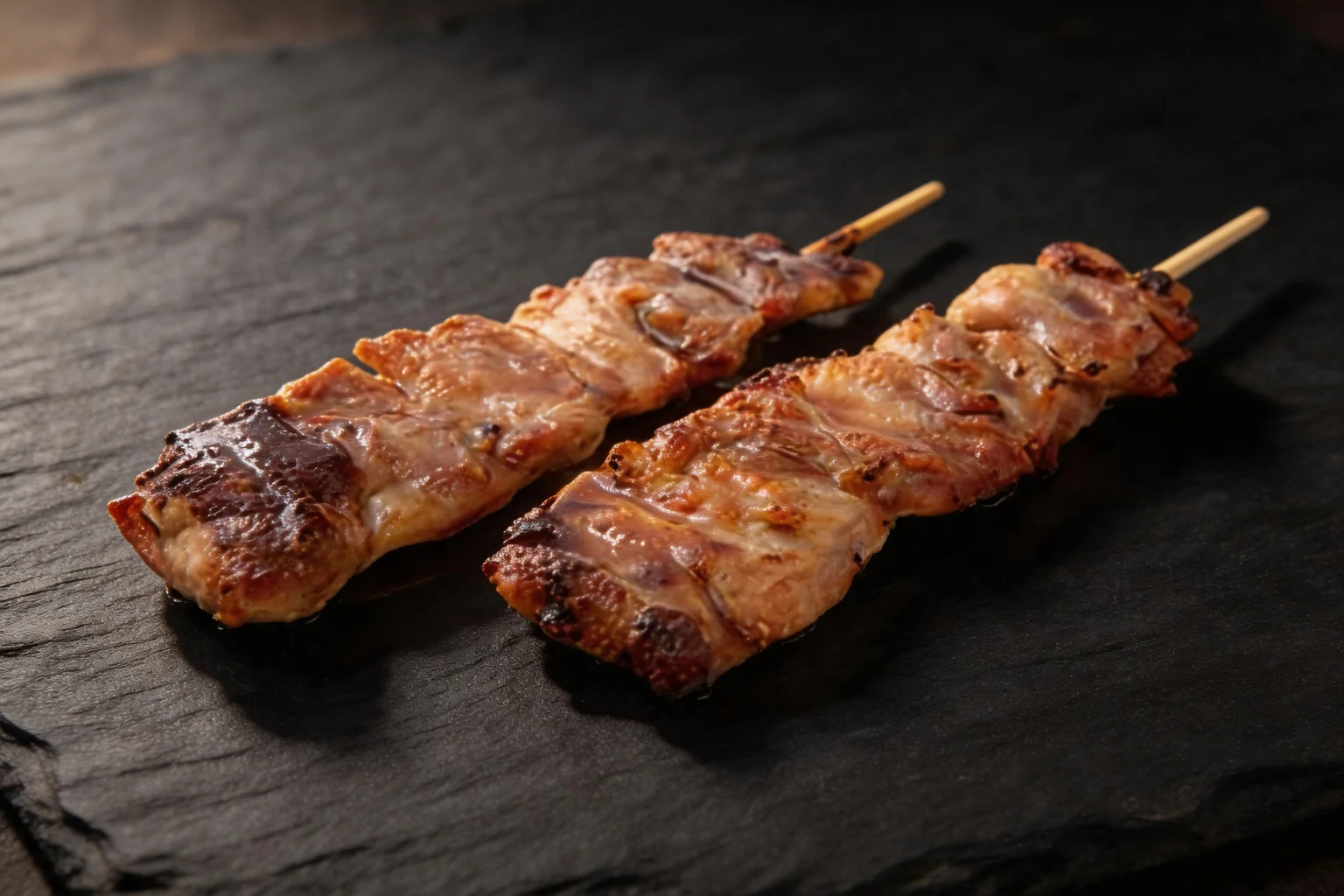 Two grilled chicken skewers, on a dark stone background