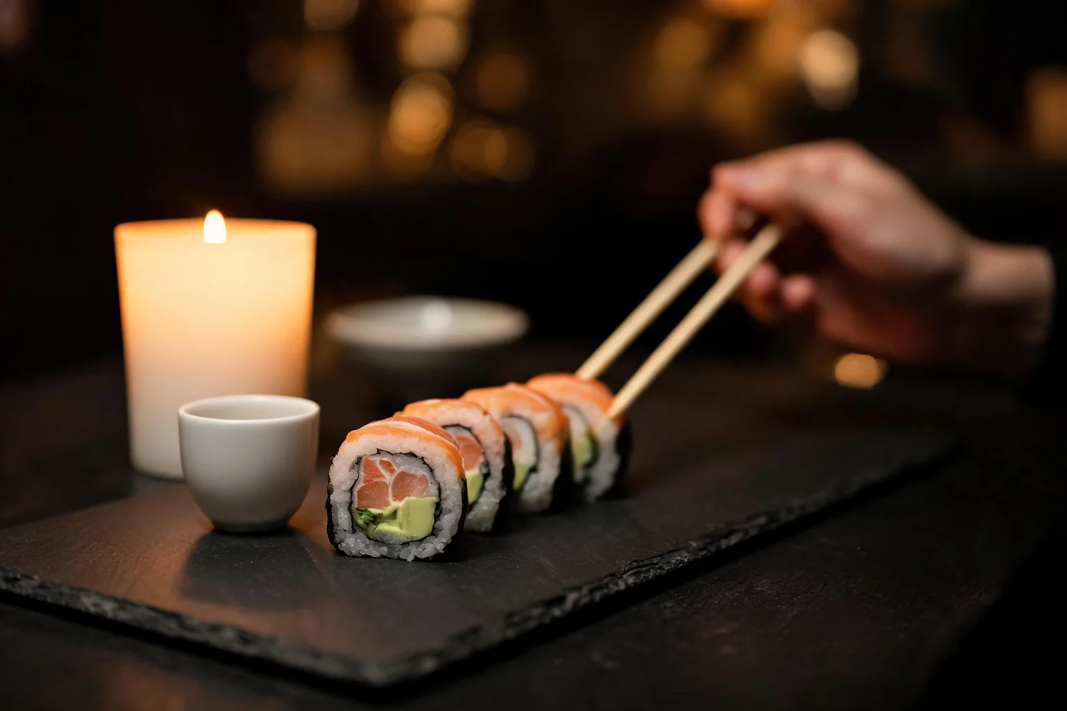 Restaurant table in the evening: a candle, a sake cup and a salmon avocado roll, a hand reaching for chopsticks