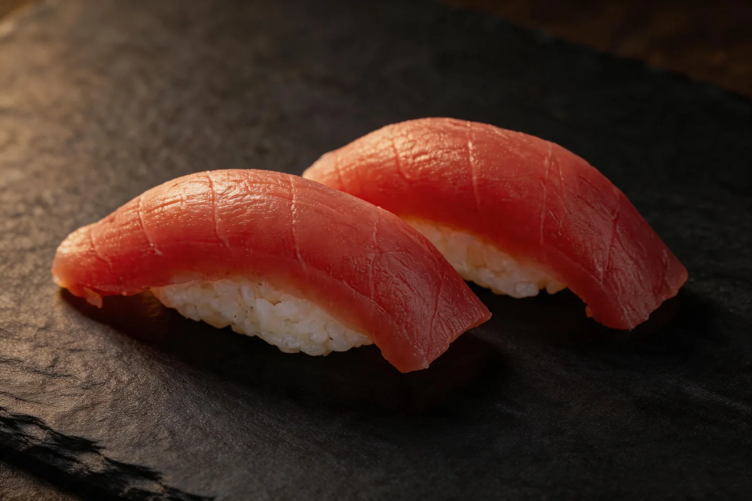 Two pieces of tuna nigiri, dark stone background