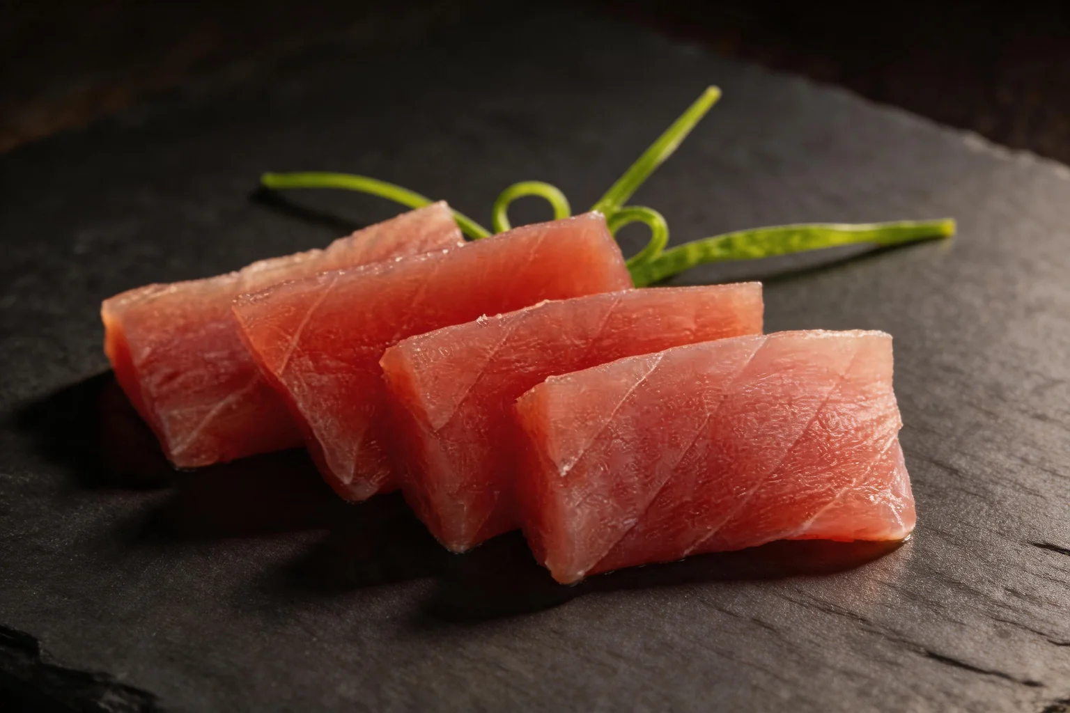 Four slices of tuna sashimi with a green garnish, dark stone background