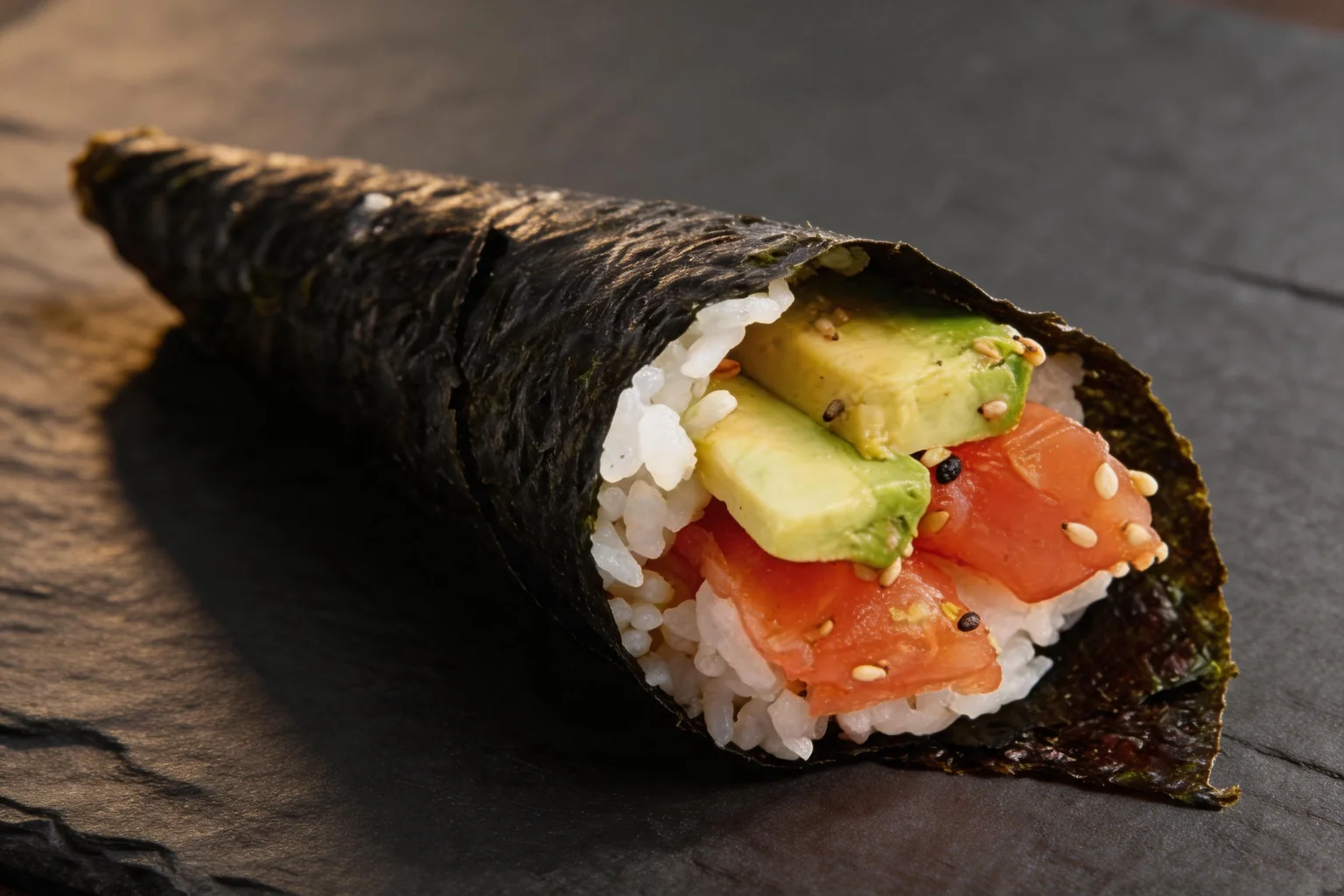 A salmon and avocado temaki rolled in a nori sheet, dark stone background