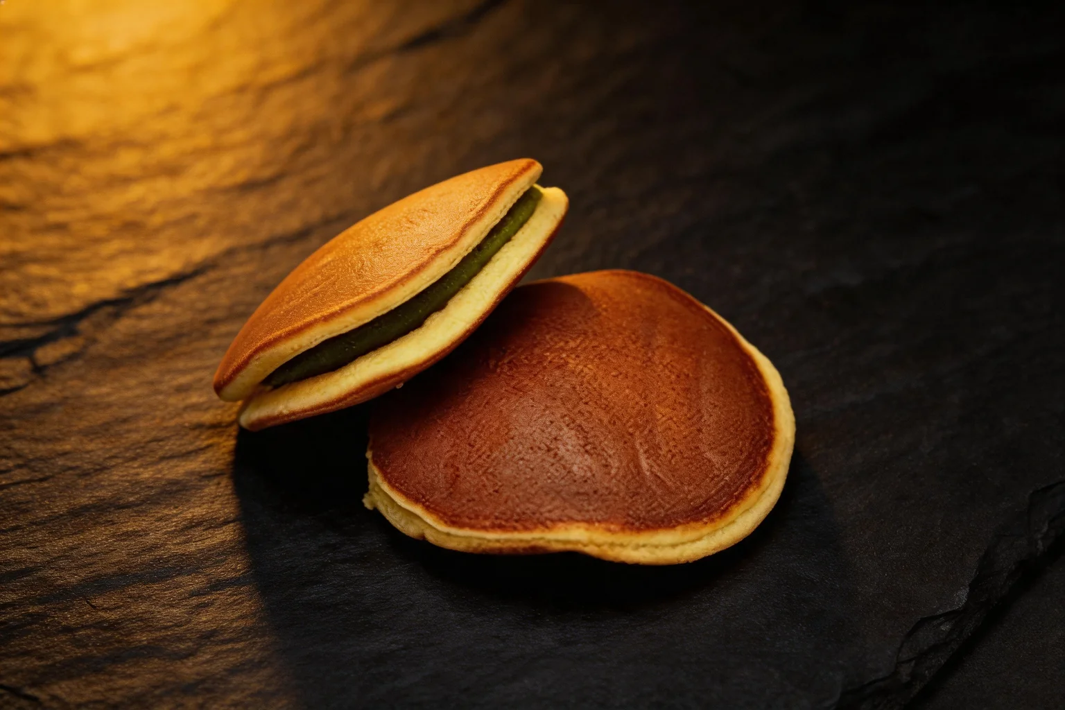 Two filled dorayaki, dark stone background