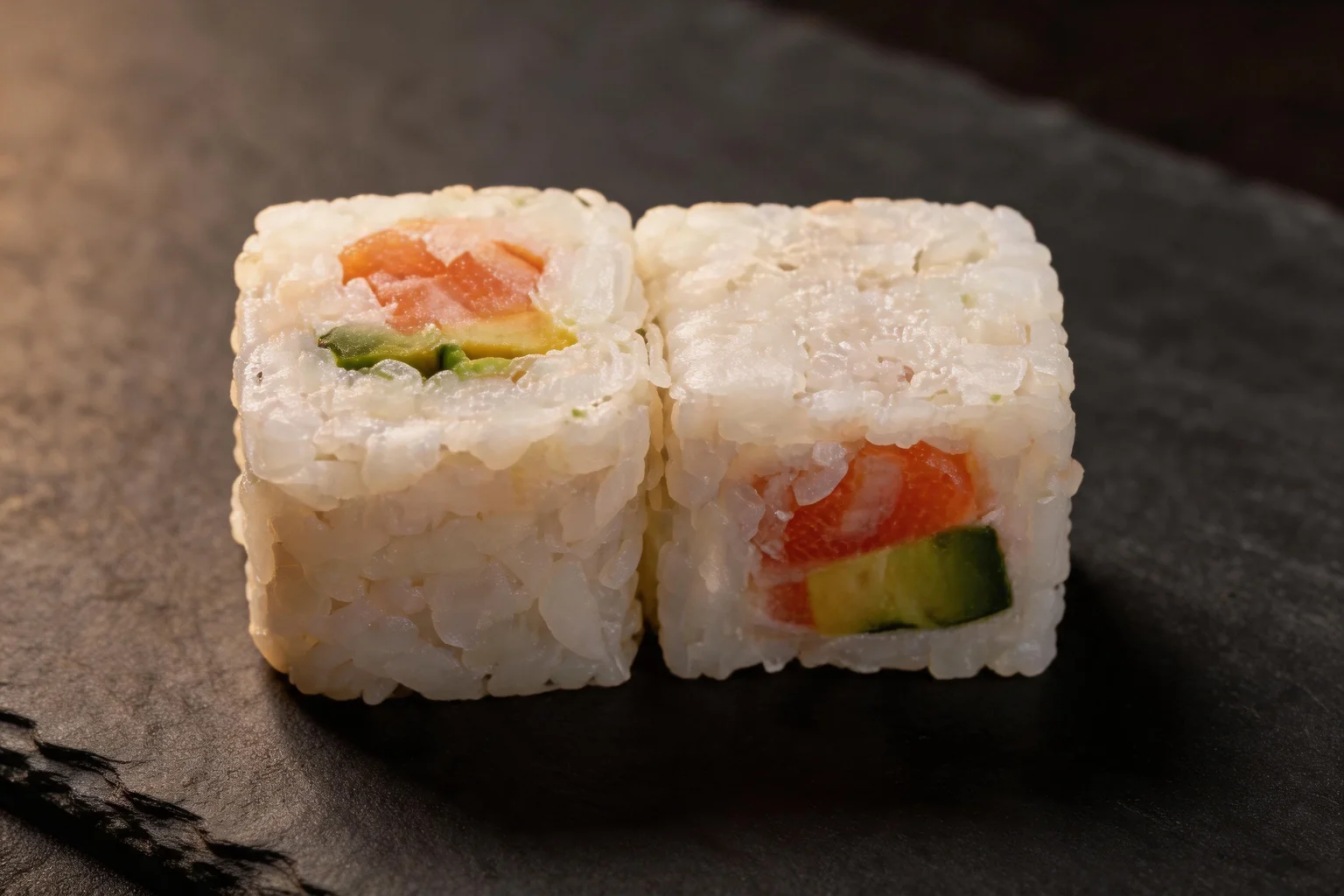 A salmon and avocado neige roll, dark stone background