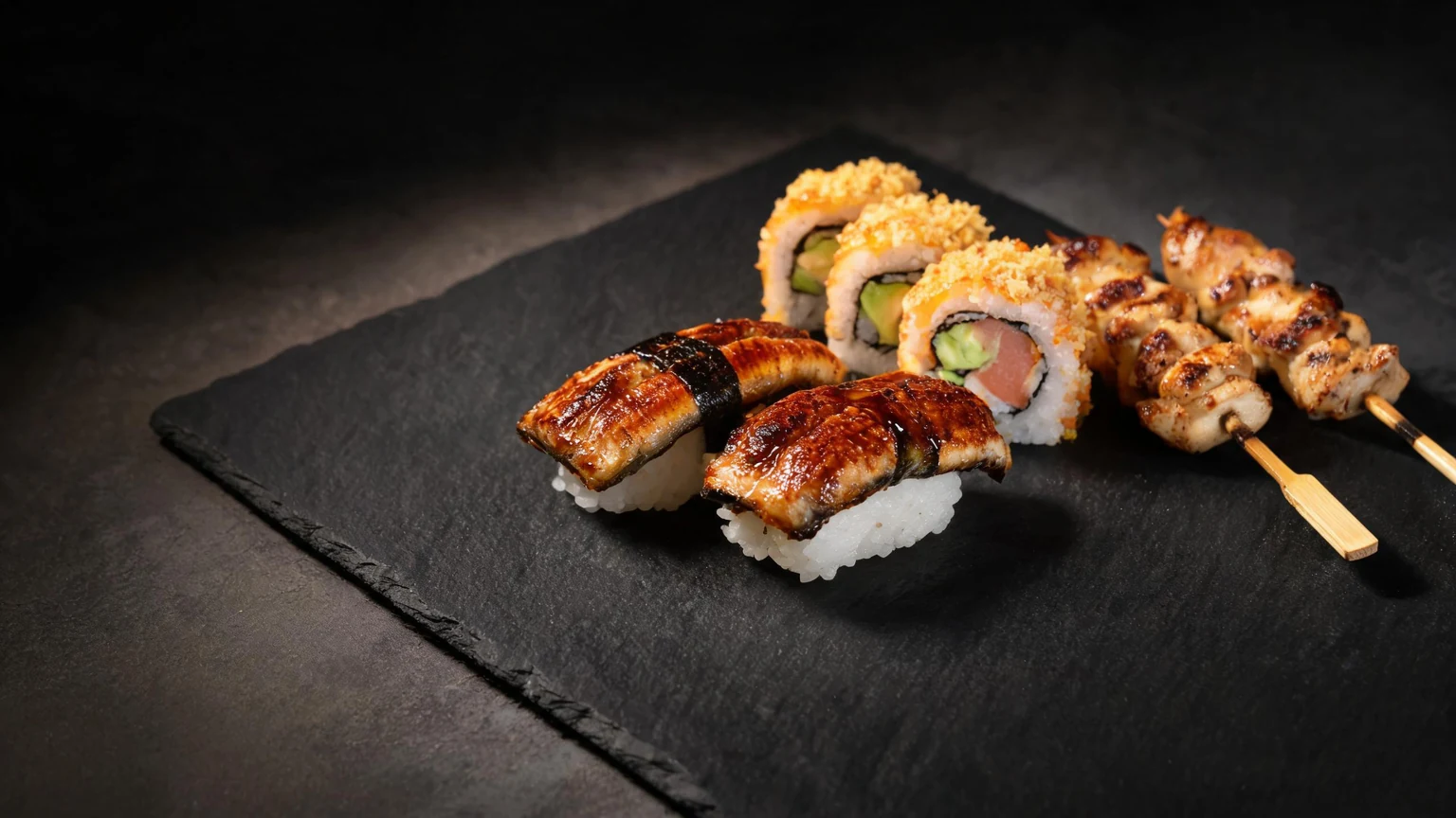 Eel sushi, salmon avocado rolls and grilled chicken skewers arranged on a dark stone table, with quiet space on the left